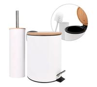 AMIG - Jeu de poubelle à pédale et brosse toilette NATURLINE - Ø168 x 230 mm - Acier / Bambou - Blanc