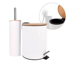 AMIG - Jeu de poubelle à pédale et brosse toilette NATURLINE - Ø168 x 230 mm - Acier / Bambou - Blanc