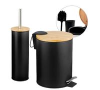 AMIG - Jeu de poubelle à pédale et brosse toilette NATURLINE - Ø168 x 230 mm - Acier / Bambou - Noir