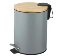 Amig - Poubelle de salle de bain à pédale 3 litres Mod. Naturline - Couleur grise et bambou - Ouverture hygiénique sans contact - Ø16,8 x 23 cm - Acier inoxydable laqué