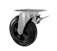 Amig - Roue avec plaque métallique et frein | Noyau en polypropylène et bande de roulement en caoutchouc noir | Diamètre 200 mm x Épaisseur 50 mm | Capacité de charge jusqu'à 200 kg