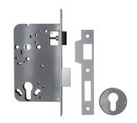 Amig - Serrure à encastrer pour portes en bois | Entrée : 60mm |Fouillot - Trou: 70mm | Carré: 8mm | Chant carré | Cylindre à profil européen | Avec rosaces et réducteur: 6mm | Acier inoxydable mat