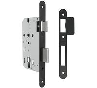 Amig - Serrure Encastrée pour Portes en Bois | Avec Gâche de Fermeture | Face et Support à Angle Rond | Entrée de 50 mm | Pêne réversible | Acier | Noir Mat | 230 mm