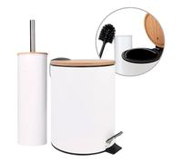 Amig - Set Poubelle et Porte-brosse WC Naturline - Ø168 x 230 mm - Acier et Bambou - Couleur Blanche - Ensemble de Salle de Bain Compact et Coordonné - Idéal pour Espaces Modernes et Naturels