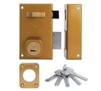 Amig - Verrou de suralimentation droite avec levier de fermeture, languette et poignée pour porte en bois Mod. 75 | 67 x 112 mm | Cylindre rond de sécurité | Acier doré