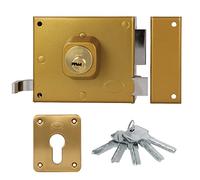 Amig - Verrou de suralimentation droite avec levier de fermeture, languette et poignée pour porte en bois Mod. 73 | 100 x 85 mm | Loquet avec cylindre Europrofilé | Acier doré