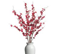 Ammyoo Lot de 4 Fleurs de Prunier artificielles pour décoration de fête, Fleurs de Cerisier artificielles à Longues tiges pour décoration de Mariage, Maison, Bureau, Chambre à Coucher (Rouge)