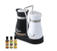 AMONENZ Salière et Poivrière Ensemble, 120ml Avec Support Saliere et Poivriere de Table, Verre et Acier Inoxydable Salière, Design Noir et Blanc, pour la Maison, Restaurants et Camping