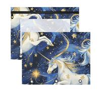 Amooorous Lot de 2 trousses de maquillage avec 3 œillets renforcés et perforatrice à 3 trous pour papier A4 Lettre des élèves pour la rentrée scolaire Dessin animé Licornes bleues et dorées