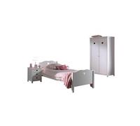 AMORI Lit simple 90x200cm laqué blanc + Table de chevet + Armoire 2 portes