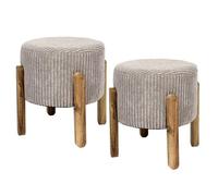 AMORY - Lot de 2 Tabourets en velours côtelé coloris taupe pieds en acacia