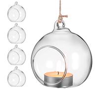 Amosfun Lot De 5 Photophores Suspendus en Verre Bougeoirs en Boule avec Corde De Chanvre 1.20 M Fond Plat aéRations LatéRales pour Bougies Chauffe-Plat LED DéCoration NoëL Mariage FêTe