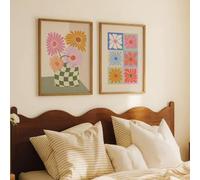 AMOSIJOY Set 2 Posters Rétro Marguerites Multicolores, Imprimés Vase À Carreaux Fleurs, Décoration Murale Enfant Playroom Chambre, Sans Châssis (30x40cm(Sans cadre))