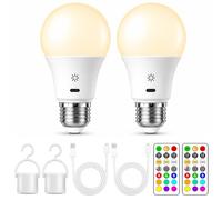 Ampoule Rechargeable E27 LED avec Télécommande & Tactile,2 Pack | 2200mAh Batterie, 12 RGB Couleur, 3 Timer, Crochet, Ampoule Sans Fil Dimmable USB pour Lampes, Camping, Urgence