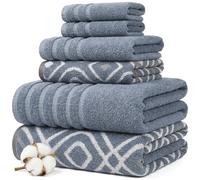 Amrapur 6-Piece Yarn Dyed Oxford Stripe Jacquard/Solid Ultra Soft 550GSM 100% Combed Cotton Towel Set Lot de 6 Serviettes en Fil Teint Bleu, 40,6 x 25,4 x 12,7 cm