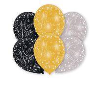 amscan 9901069 - Lot de 6 Ballons en Latex Happy Birthday, env. 28 cm, Or, Argent, Noir, Anniversaire, Ballons