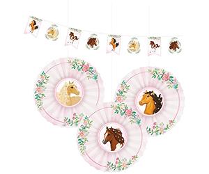 amscan 9909885 - Kit de décoration 4 pièces avec Chevaux, 1 Guirlande et 3 éventails à Motifs, décoration à Suspendre, Anniversaire, Carnaval, fête à thème.