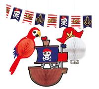 Amscan 9909918 Lot de 4 décorations Pirate 1 bannière de Drapeau et 3 décorations en nid d'abeille Décoration à Suspendre en Papier Guirlande d'anniversaire d'enfant Fête à thème