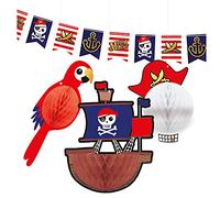 Amscan 9909918 Lot de 4 décorations Pirate 1 bannière de Drapeau et 3 décorations en nid d'abeille Décoration à Suspendre en Papier Guirlande d'anniversaire d'enfant Fête à thème