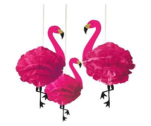 amscan- Paper Flamingo Poms-3pcs Lot de 3 Pompons en Papier en Forme de Flamant Rose, 180236, 49.5cm