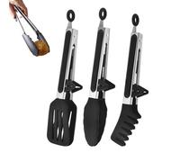 AMSGANK Pince Cuisine Inox, Lot de 3 Pince Alimentaire avec Embouts en Silicone Résistantes à la Chaleur et Poignée Antidérapante pour Salade, Barbecue, Air Fryer, Cuisine (Noir)