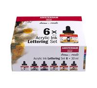 Amsterdam Set d’Encres Acryliques | Set Lettrage (6 x 30 ml) | Noir, Blanc & Couleurs Métalliques | Peinture Acrylique Fluide