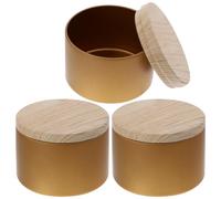 AMUSLESUR Lot de 3 Pots à Bougies en Fer Doré Couvercle en Bois Effet Grain, Design Compact et Portable, pour Décoration de Maison ou Banquet