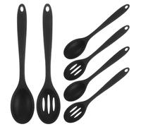 AMUSLESUR Lot de 6 Cuillères en Silicone Noires Résistantes la Chaleur, Antiadhésives, Solides Trous, pour Mélanger et Servir Cuisine Moderne