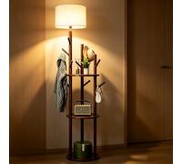 Amy&Lucky Lampe sur pied 2-en-1 bois massif porte-manteau, 3 étagères | abat-jour tissu anti-éblouissement, peu encombrante pour entrée, chambre, salon, petit appartement, déco vintage