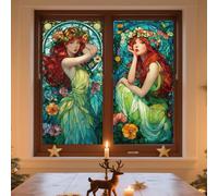 ANATTASOUL Fille Et Fleurs Sticker Fenetre pour Printemps et été | Opaque Vitrail Autocollant Fenetre Stickers Fenetre Réutilisables de Porte Vitre Fenêtre en Verre Electrostatic Double Face
