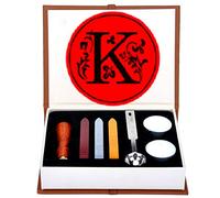 Anbose - Kit de cachet de cire - Avec 1 manche en bois et 1 cachet en cuivre - 3 bâtons de cire, 1 cuillère à fondre et 2 bougies blanches (lettre K)