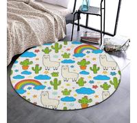 Anceky Tapis de Sol Rond Moderne en Flanelle antidérapant, 91 cm | Décoratif, imprimé Mignon Cactus, Ciel Bleu, Lama Arc-en-Ciel et alpaga, Tapis Confortable, pour Chambre ou Salon