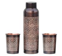 ANCIENTIMPEX Bouteille d'eau Milton en cuivre pur avec 2 gobelets - Motif floral | Avantages ayurvédiques et hydratation quotidienne