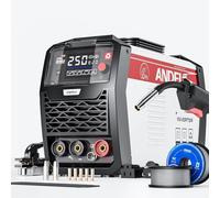 ANDELI Soudureuse MIG 135 ampères, Inverseur IGBT 110V/220V, multiprocess (MIG Flux/TIG Levage/Stick), sans gaz, modèle MIG-250ME avec écran LED.