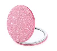 Andibro Petit miroir compact à paillettes, poche pliable, 2 faces grossissantes, miroir cosmétique rond en cuir synthétique pour femmes et filles (rose)