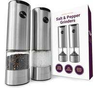 Andrew James Moulins à sel et poivre électriques en acier inoxydable avec distributeur lumineux et lames en céramique réglables Fonctionnement One Touch Alimentation par batterie 17,5 cm x 5 cm (acier