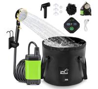 Anesty Kit de douche de camping portable, pompe de douche portable rechargeable 6000 mAh avec écran intelligent, seau pliable de 20 l et accessoires pour randonnée, voyage, voiture, animal domestique