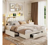 Aneutr Lit 140x190 avec Sommier et 3 tiroirs, Lit Coffre avec Éclairage LED et Charge USB, lit Double rembourré Tête de Lit avec Rangement pour Adultes et Adolescents, Velours (Beige, 140x190)