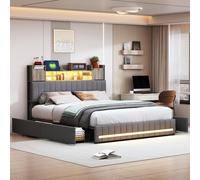 Aneutr Lit Double Rembourré, 160 x 200 cm, avec LED, avec 4 tiroirs, Cadre de Lit avec Éclairage LED et Port USB, Tête de Lit avec Rangement, lit 2 Personnes avec Sommier à Lattes, Lin