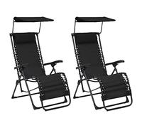 Angajara Lot de 2 chaises longues pliantes noires avec toit pare-soleil et appui-tête rembourré, matériau textilène résistant aux intempéries, cadre en acier revêtu par pulvérisation