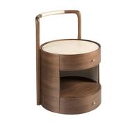 Angel Cerdá 7197 Table de chevet ronde au design moderne en bois de noyer naturel avec plateau tapissé en similicuir crème, avec 2 tiroirs à fermeture douce et trou central