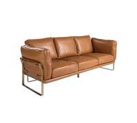 Angel Cerdá - Canapé Design 3 Places Cuir Camel Pieds Dorés | Cuir Véritable, Structure Pin Robuste, Pieds Acier Doré, Élégant, Pour Salon, 222 x 90 x 84 cm