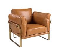 Angel Cerdá - Fauteuil Design Tapissé en Cuir Camel avec Détails Dorés | Design Enveloppant et Confortable, Assise Rembourrée | Pieds en Acier | Design Moderne pour Salon | 97 x 88 x 82 cm