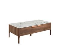 Angel Cerdá - Table Basse Design en Fibre de Verre Effet Marbre et Noyer avec Tiroirs | Table Basse Rectangulaire avec Rangement | Pieds en Bois | Idéale pour Salon | 120 x 60 x 40 cm