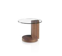 Table d'angle ronde en verre trempé et noyer