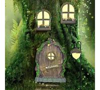 Angelkiss 4 pièces Portes et Fenêtre de Fée Miniatures Lumineux Miniature décorations de fée Statues Arbre de Porte et de Fée GNOME Miniature avec lampadaire de Noix de cèdre, Brille dans Le Noir