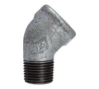 Angle 121, 45°, IG/AG, Rp/R 1 1/2, température de fonctionnement -20 °C à 300 °C, fonte noire, galvanisée à chaud, DIN EN 10242.
