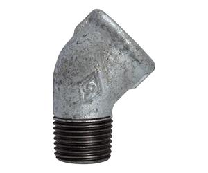 Angle 121, 45°, IG/AG, Rp/R 1 1/2, température de fonctionnement -20 °C à 300 °C, fonte noire, galvanisée à chaud, DIN EN 10242.