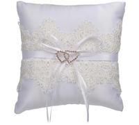 Angoily Coussin Porte-alliances Blanc en Dentelle à Motif de Deux Cœurs Ajourés, Élégant et Romantique, pour Cérémonie de Mariage ou Fiançailles