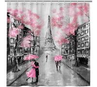 ANHOPE Rideau de Douche Paris Tour Eiffel Rose Arbre Anti Moisissure Imperméable Lavable Tissu Polyester Rideaux de Douche avec 12 Crochets pour Salle de Bain Baignoire 180 x 200 cm